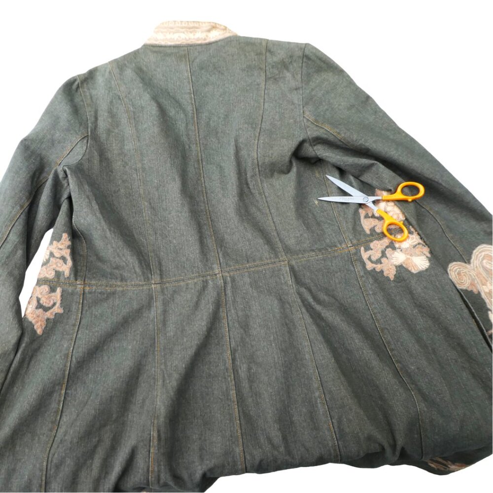 Vintage 90s Designer Flower Embossed Denim Trench Coat 3D Paisley Satin Lined 10 - Picture 13 of 14